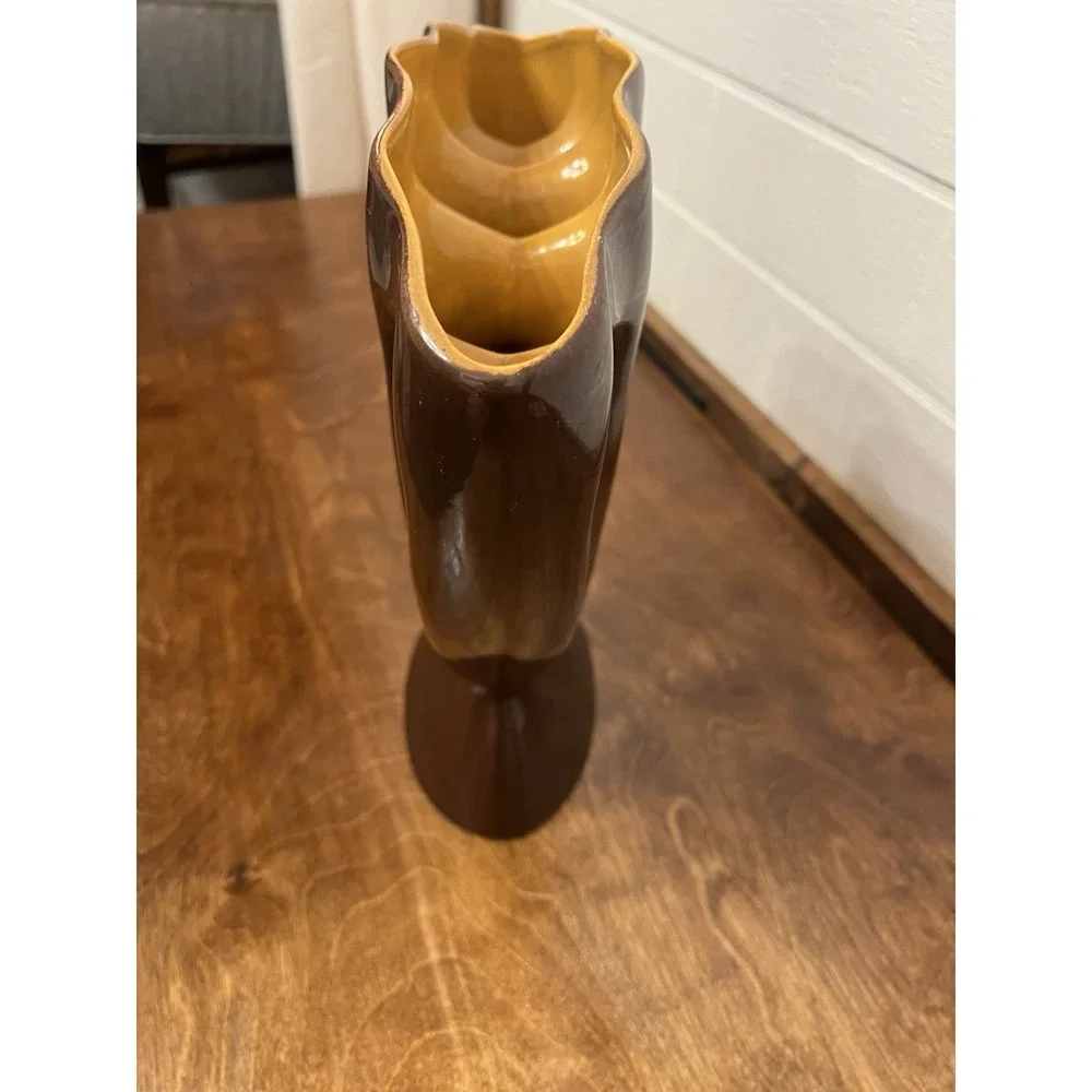 Red Wing Art Pottery Brown Fan Vase Yellow Interior EUC